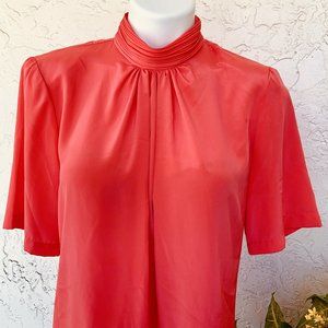 VTG Gorgeous Bright Coral Ruched Collar Blouse
